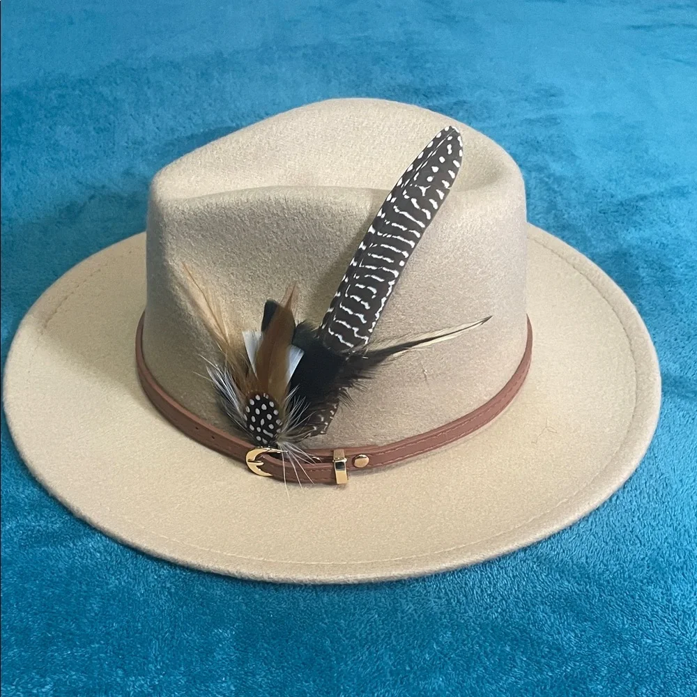 Tan Beige Women's Felt Fedora Western Cowboy Hat Brown Belt Tall  Feather Accent